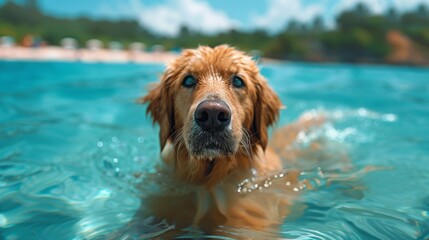 Golden Retriever Dog Swimming in the Ocean. A golden retriever dog floats in the clear blue ocean water looking up at the camera.