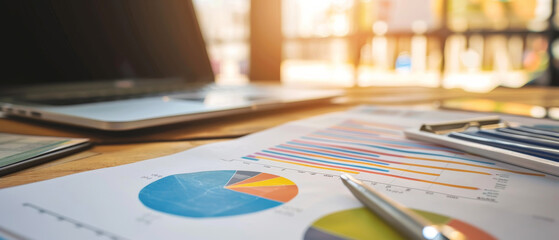 A colorful financial report with pie charts and graphs, placed on a desk under warm sunlight, signifying business analysis and data review.