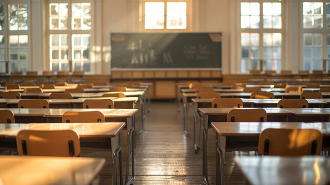 Neat and organized empty classroom with desks, chairs, warm lighting, and blurred background of whiteboard and windows.