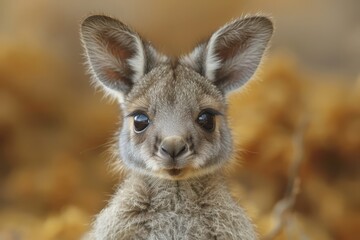 Fototapeta premium Baby Kangaroo: A tiny baby kangaroo, or joey, peeking out from its mother's pouch in the Australian outback.