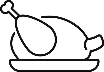 Simple line drawing of a cooked chicken lying on a plate, perfect for representing thanksgiving or other food related concepts
