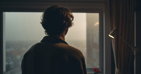 Person Looking Out Rainy Window On Gloomy Day. Contemplative Man. Generative AI