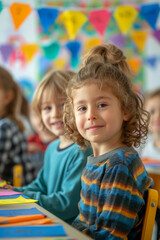 Vibrant portrait of children engaged in educational activities in a bright classroom setting.