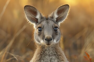 Obraz premium Baby Kangaroo: A tiny baby kangaroo, or joey, peeking out from its mother's pouch in the Australian outback.