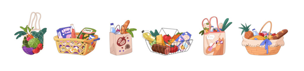 Grocery market carts set. Eco friendly mesh bag with vegetables, fruit. Different baskets, packages for shopping food, supermarket purchases. Flat isolated vector illustrations on white background