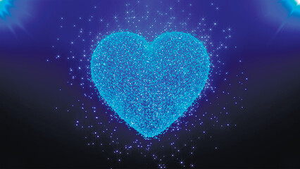 Valentine's day and love animation, glowing particles, rays, Valentine and marriage concept, dark blue gradient background. Happy Valentine's Day background heart. 3d Vector.