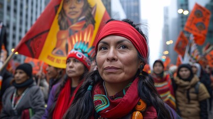 A protest rally where indigenous activists hold banners demanding rights and justice, drawing attention to their ongoing struggles against discrimination