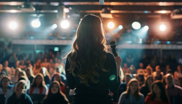 A charismatic young beautiful woman speaker delivering an inspiring speech on stage holding microphone , with an enthusiastic audience in a modern conference hall.
