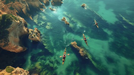 Aerial view of kayakers paddling through clear turquoise waters and rocky formations, enjoying an adventurous outdoor experience.