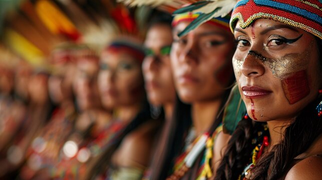 A gathering of indigenous leaders in traditional dress at an international conference, representing global solidarity and advocacy for indigenous rights