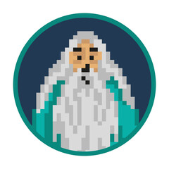 Obraz premium Pixel portrait of a gray-haired old man with a beard in a round frame.