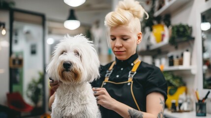 Professional dog groomer carefully trims a white fluffy dog's fur in a modern pet grooming salon.