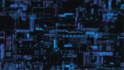 Abstract background of printed circuit board. Computer parts, microcircuits on electronic board. Futuristic data processing on electronic board. Microelectronic technology concepts. Vector illustratio