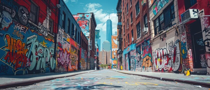 Cityscape featuring prominent graffiti artworks