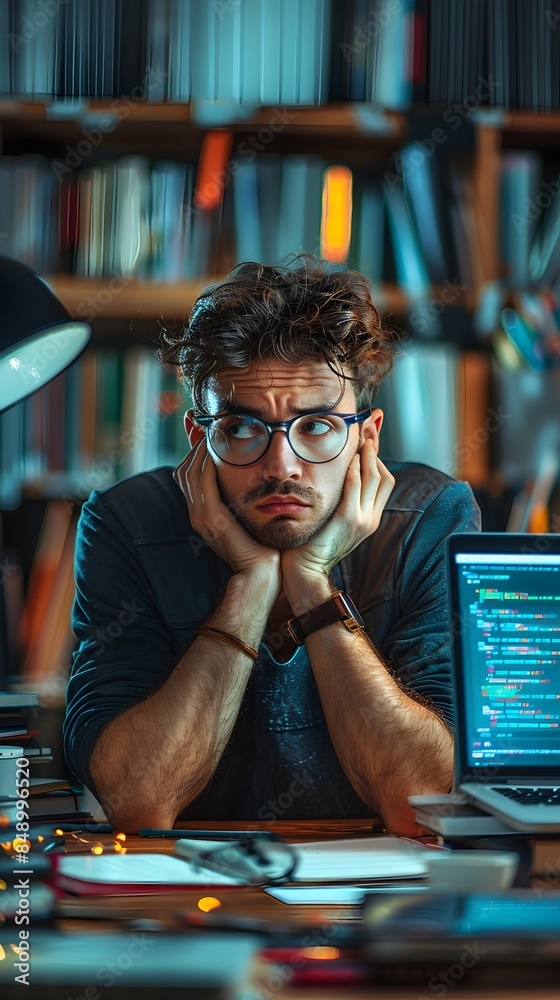 Poster fatigued programmer surrounded by screens and coding resources