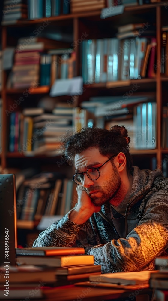 Poster weary programmer surrounded by coding screens and books feeling exhausted at work