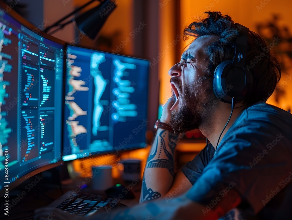 Poster exhausted programmer working late into the night surrounded by multiple monitors and code