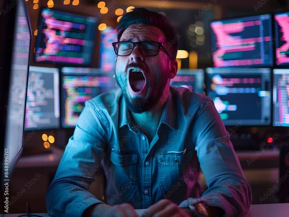 Poster exhausted programmer yawning and stretching while surrounded by monitors and code work hard and stay