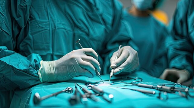 Close-up of a doctor's hands performing surgery, with surgical instruments in the background