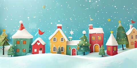 Fototapeta premium 3d, a greeting card with houses and trees in the snow, colorful cartoon illustration of smiling characters, bold lines, simple shapes, flat design, textured illustrations, Christmas theme,