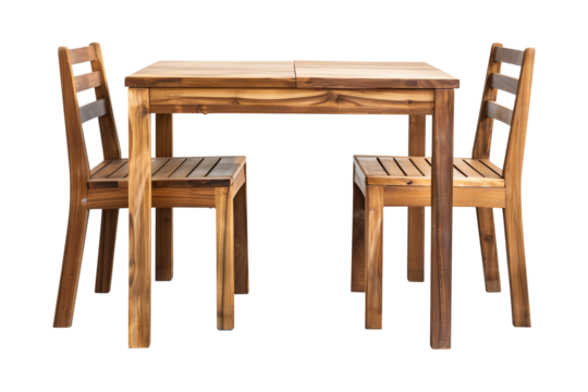 set modern wooden table with chairs isolated on a transparent background, cut-out, PNG
