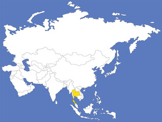 Highlighted yellow map of THAILAND inside white political map of Asia using orthographic projection on dark blue background