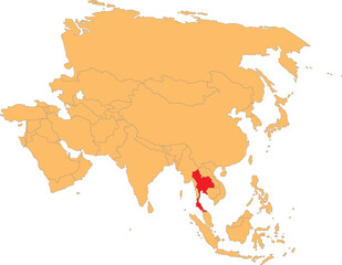Highlighted red map of THAILAND inside orange detailed political map of Asia using orthographic projection on transparent background