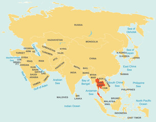 Highlighted red map of THAILAND inside orange detailed tagged map of Asia using orthographic projection on blue background