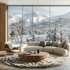 Chic Minimalist Living Room: Scandinavian Home Interior with Round Wooden Coffee Table, Beige Sofa, Armchair, Winter Mountain View