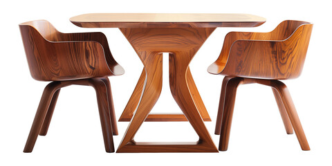set modern wooden table with chairs isolated on a transparent background, cut-out, PNG