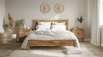 Modern bedroom in Scandinavian style featuring wooden bed, white bedding, and bedside cabinets. Simple, elegant design