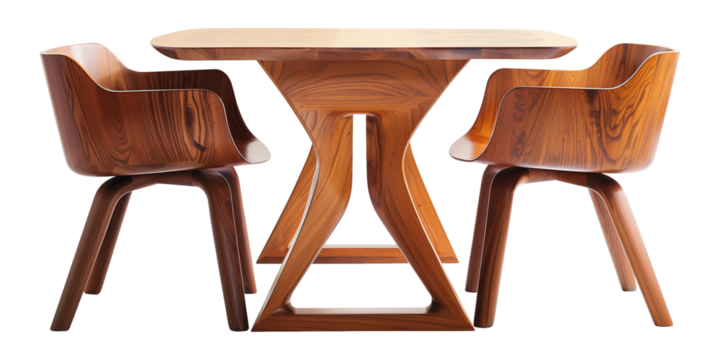set modern wooden table with chairs isolated on a transparent background, cut-out, PNG