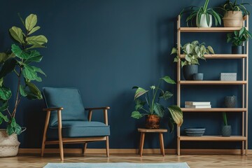 Scandinavian Inspired Living Space: Modern Interior Design Featuring Shelving Unit, Console Table, Wooden Chair by Dark Wall