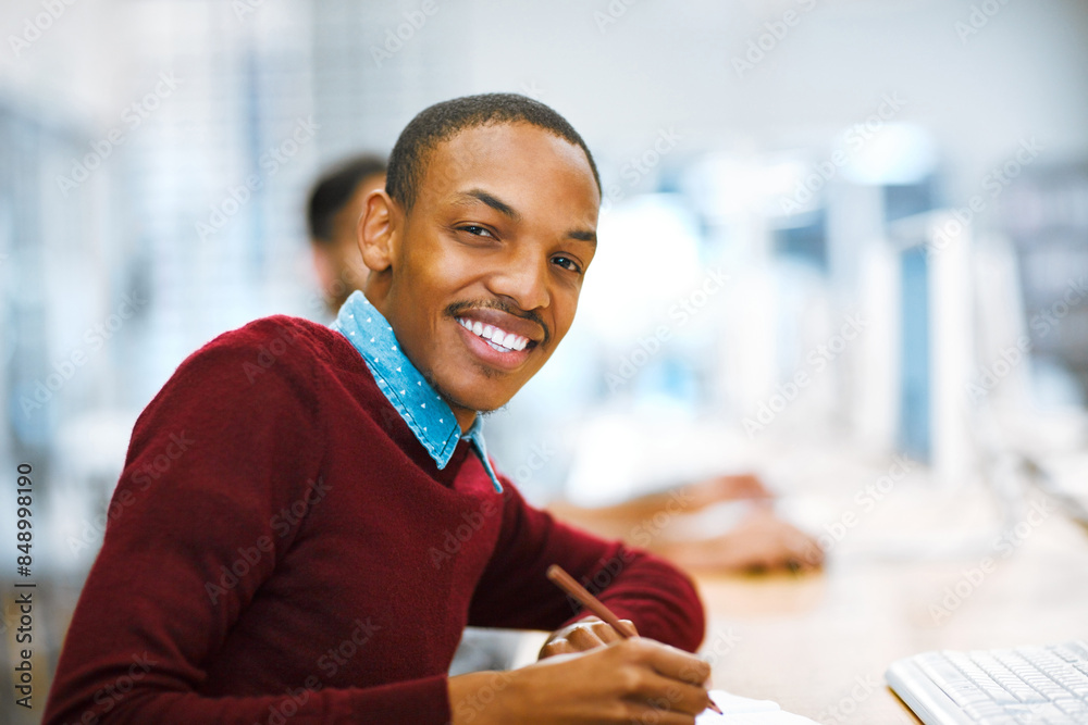 Aufkleber Writing, notes and portrait of man in library for university education, online course or project research. Computer, studying and college student with notebook for web exam, elearning and planning