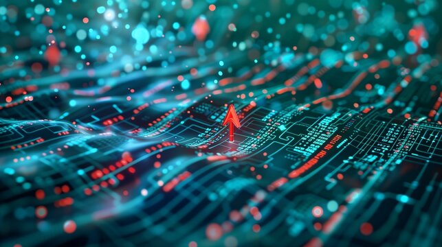 A futuristic 3D illustration of a digital financial marketplace, with a prominent red arrow flashing warning signals amidst swirling data streams.
