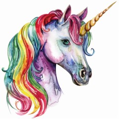 Delightful watercolor clipart of a whimsical unicorn head, isolated on a white background Perfect for adding a touch of magic to your projects