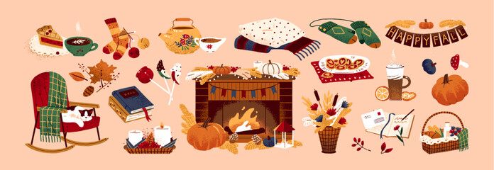Cozy autumn set. Fall aesthetics items: hot tea with pie, knitted socks, candles, leaves, pumpkin. Cosy season esthetics: fireplace, cute cat on rocking chair. Flat isolated vector illustrations