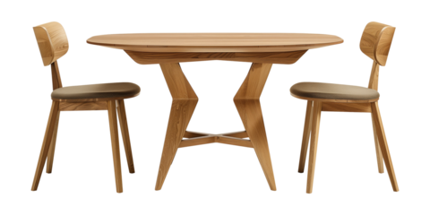 set modern wooden table with chairs isolated on a transparent background, cut-out, PNG