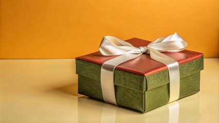 The photo shows a beautifully wrapped gift box. The box is covered in shiny red wrapping paper and tied with a white satin ribbon, forming a neat bow on top.