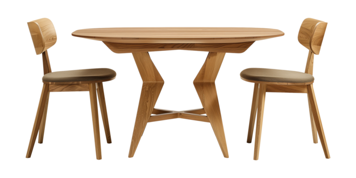 set modern wooden table with chairs isolated on a transparent background, cut-out, PNG