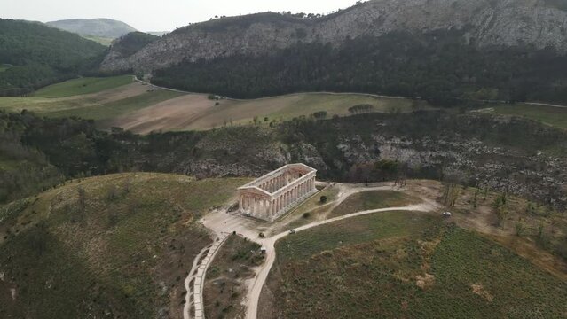 Aerial of Archaeological Park of Segesta ruins in Sicily , Italy