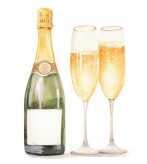 Champagne bottle and two filled flutes, elegant celebration, and luxury beverage concept.