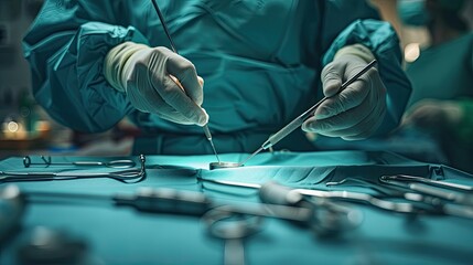 Close-up of a doctor's hands performing surgery, with surgical instruments in the background