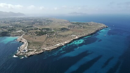 Drone fly above Favignana island Aegadian Islands aerial Mediterranean Sea 