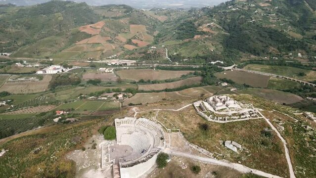 Aerial of Archaeological Park of Segesta ruins in Sicily , Italy