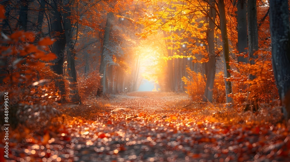 Poster serene autumn forest path bathed in warm sunlight and vibrant foliage