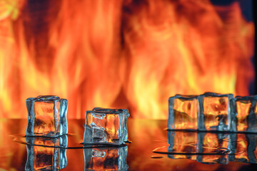 three ice cubes against the background of fire, fire and ice, place under the text 1