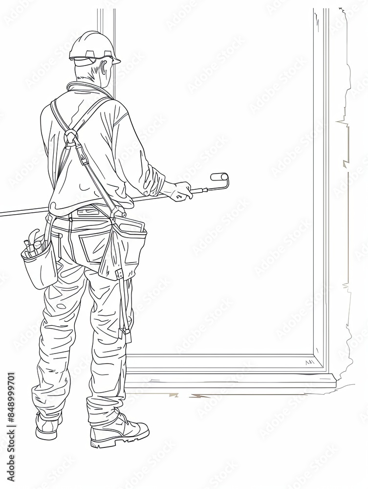 Poster a continuous line drawing of a painter using a paint roller to paint the wall of a house. generative