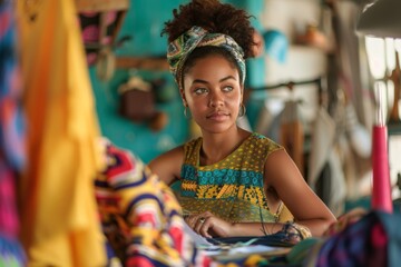 Obraz premium Young woman in a colorful headscarf and dress working in a vibrant textile workshop, surrounded by fabrics.