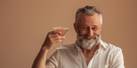 Mature man with a grey beard and stylish suit enjoying a cocktail in a sophisticated setting with dried plants.